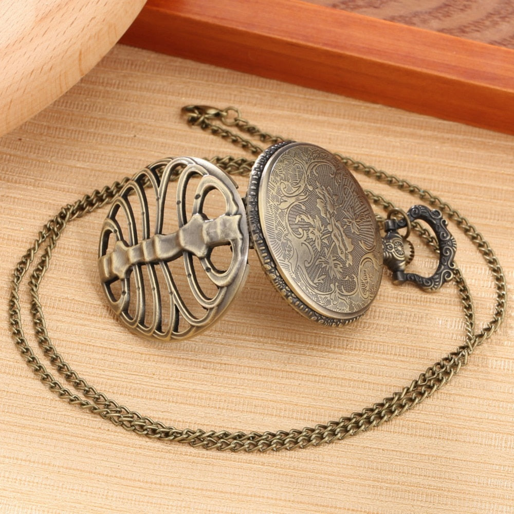Antique Steampunk Bronze Spine Ribs Hollow Quartz Pocket Watch