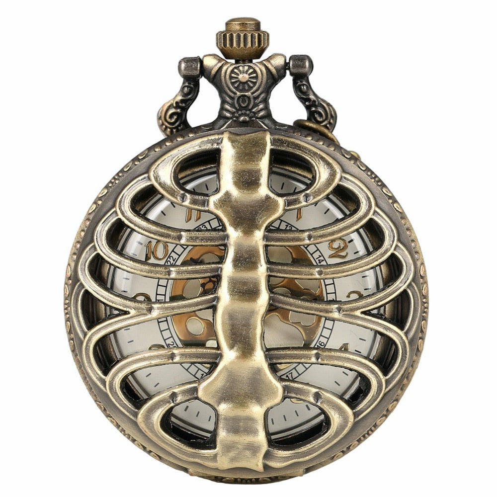Antique Steampunk Bronze Spine Ribs Hollow Quartz Pocket Watch