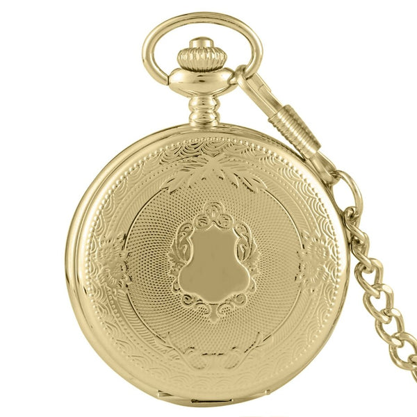 Gold Delicate Carved Pattern Shield Quartz Pocket Watch