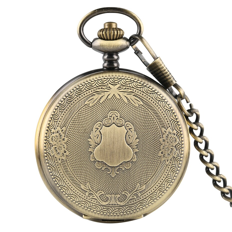 Gold Delicate Carved Pattern Shield Quartz Pocket Watch