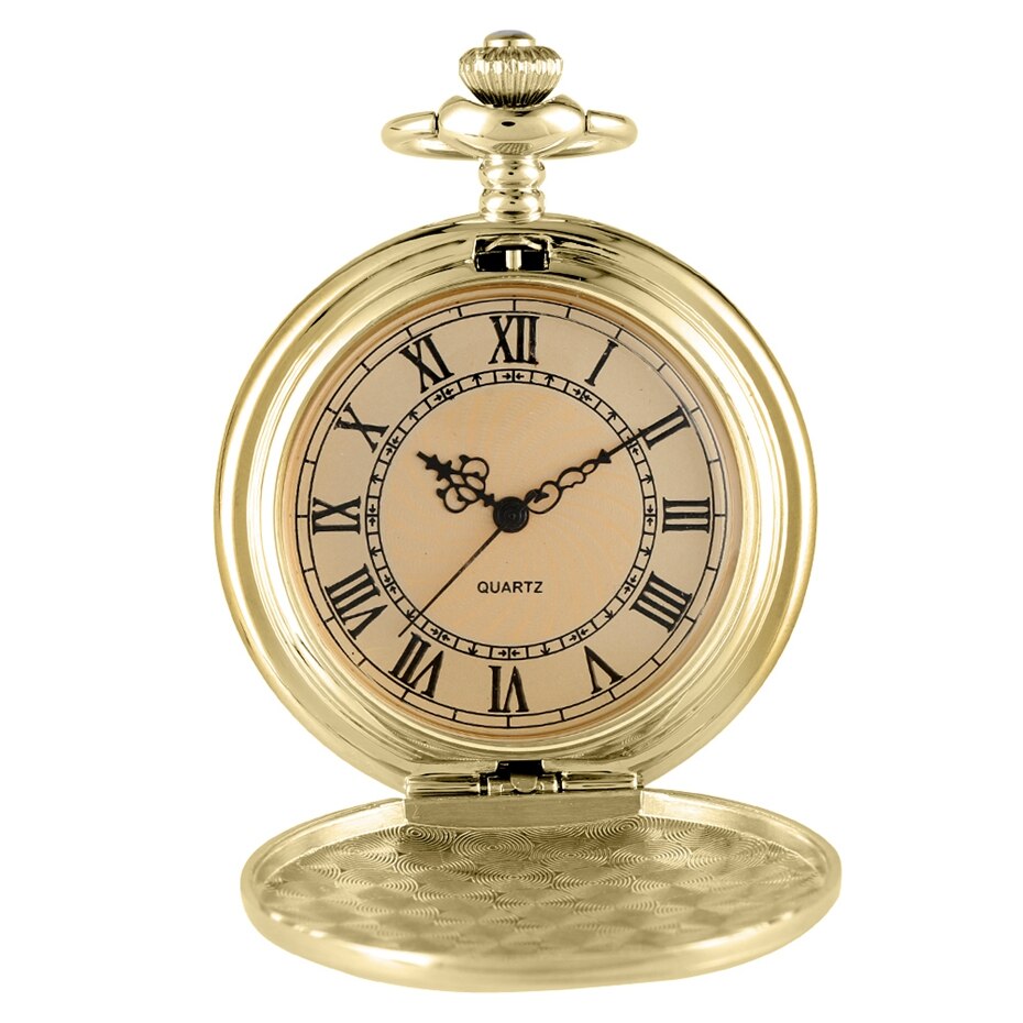 Gold Delicate Carved Pattern Shield Quartz Pocket Watch