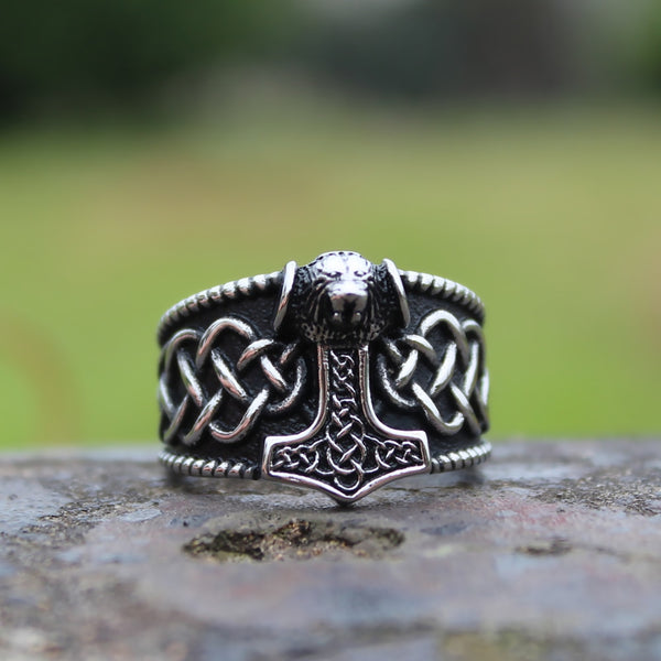 Viking  Hammer Celtic Knot Ring Mens Nordic lion Stainless Steel Rings