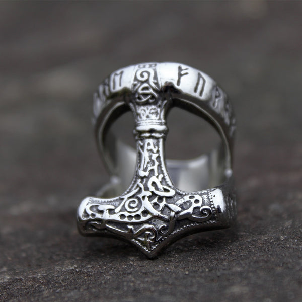 Viking  Hammer Trinity Knot Ring Mens Nordic Rune Stainless Steel Rings