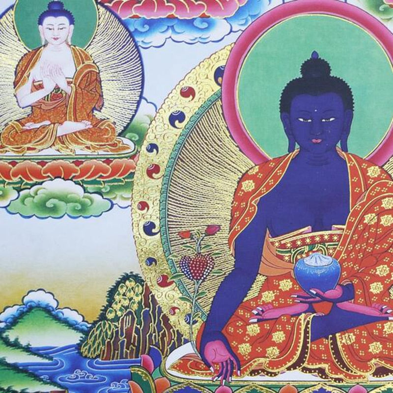 Tibetan Thangka Eight Medicine Buddha Statues Wood Scroll