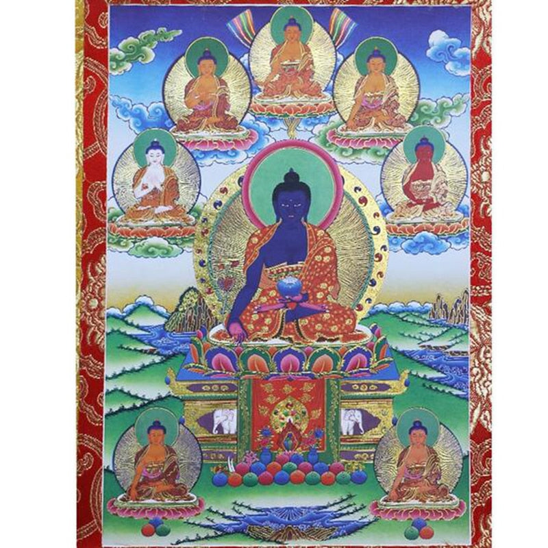 Tibetan Thangka Eight Medicine Buddha Statues Wood Scroll