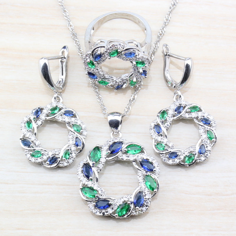 Unique Blue  Green Cubic Zirconia  Silver Color Women Jewelry Set