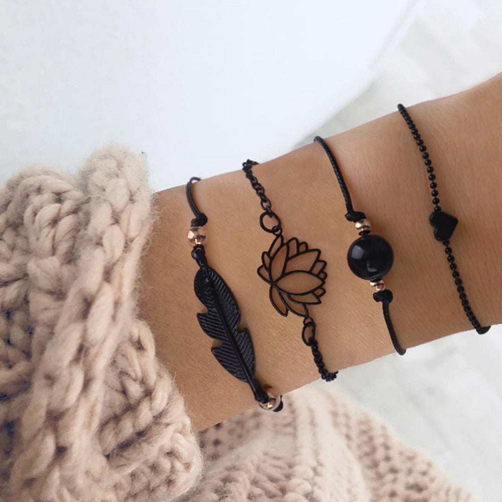 4PCs Gothic Black Feather Lotus Bracelets Set