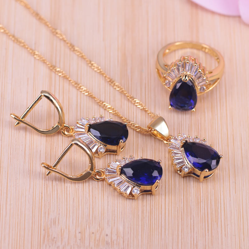 blue crystal white CZ pear square jewelry set