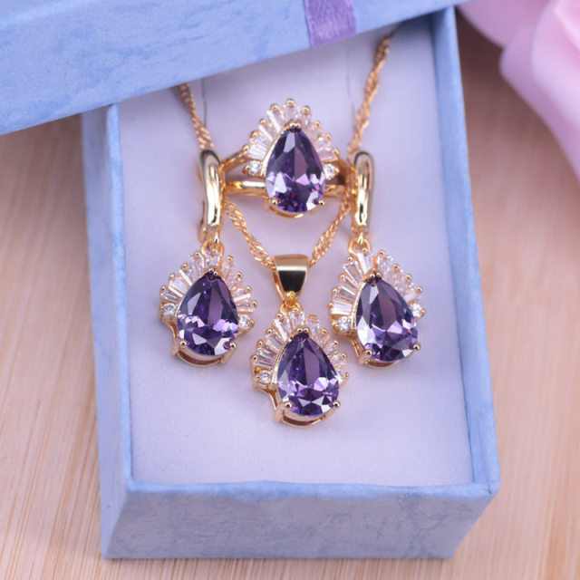 blue crystal white CZ pear square jewelry set