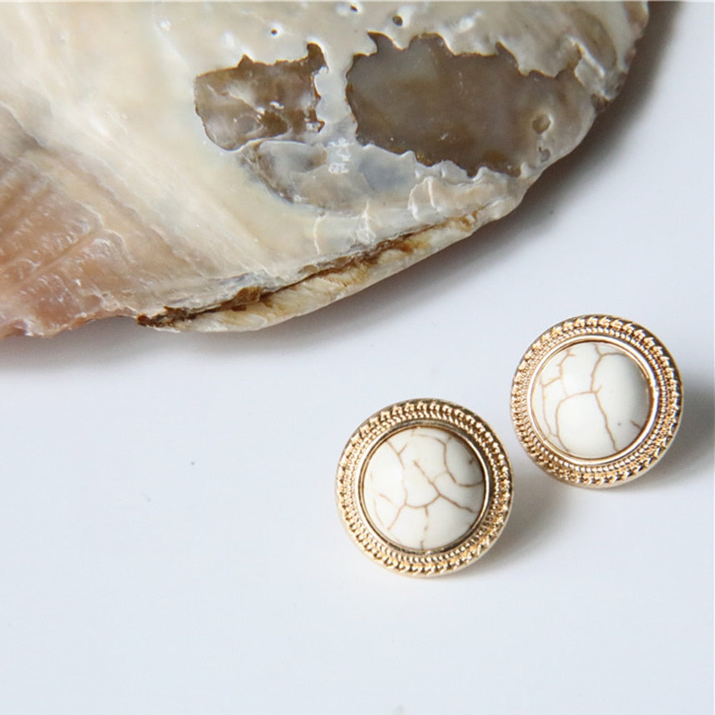 Vintage Round Marble Opal Stone Big Stud Earrings Women