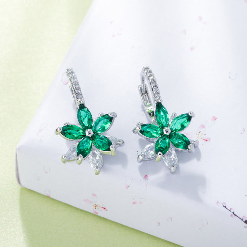 Blue Green Colorful CZ Crystal Cute Flower Silver Color Ear Stud Earrings