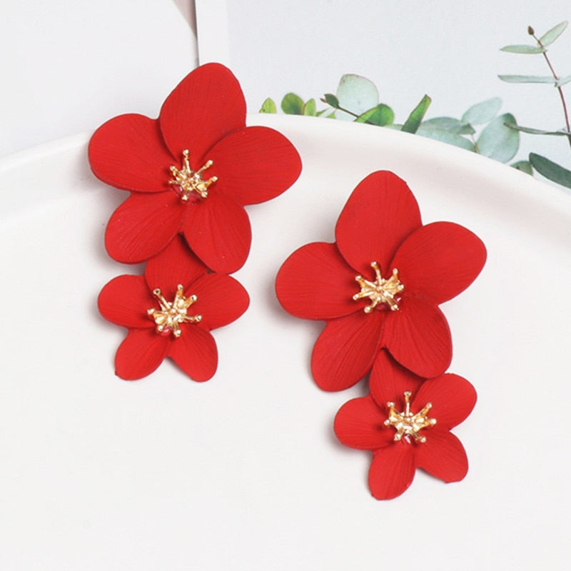Korean Big Double Flower Drop Earrings