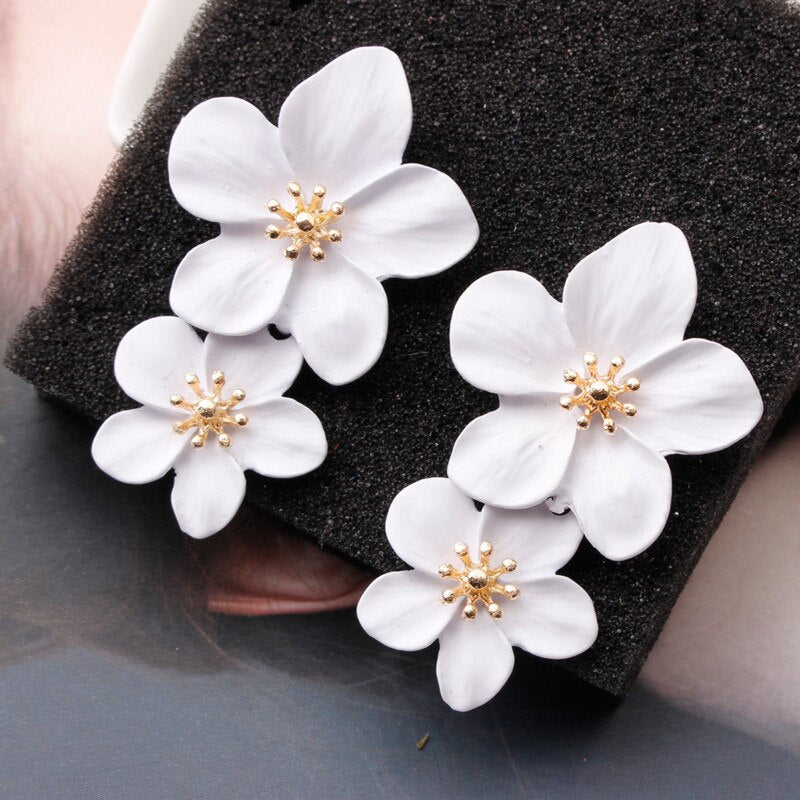 Korean Big Double Flower Drop Earrings