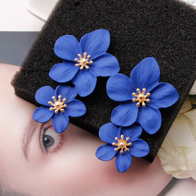 Korean Big Double Flower Drop Earrings