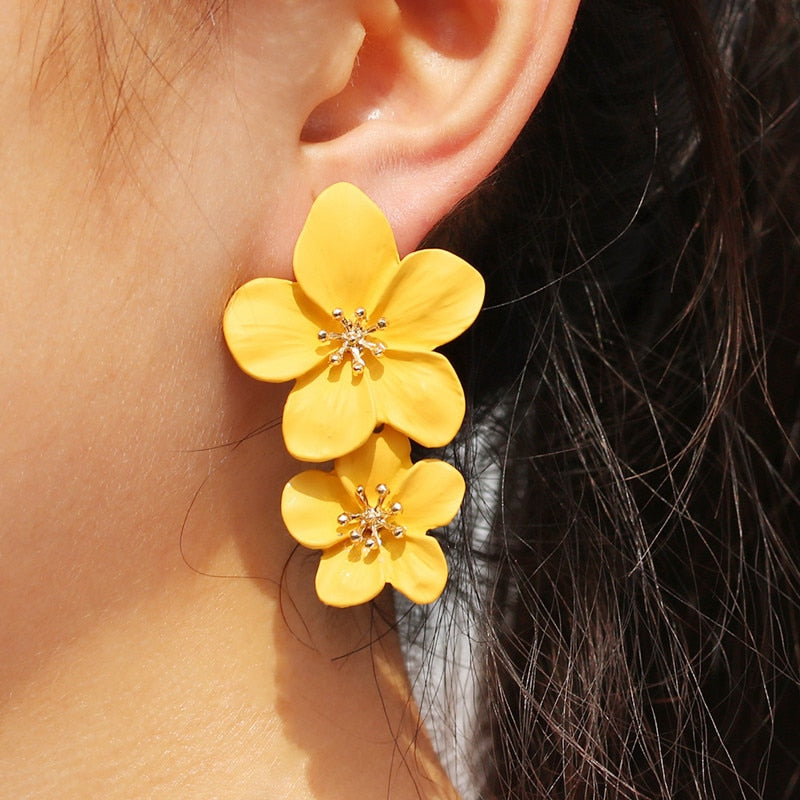 Korean Big Double Flower Drop Earrings