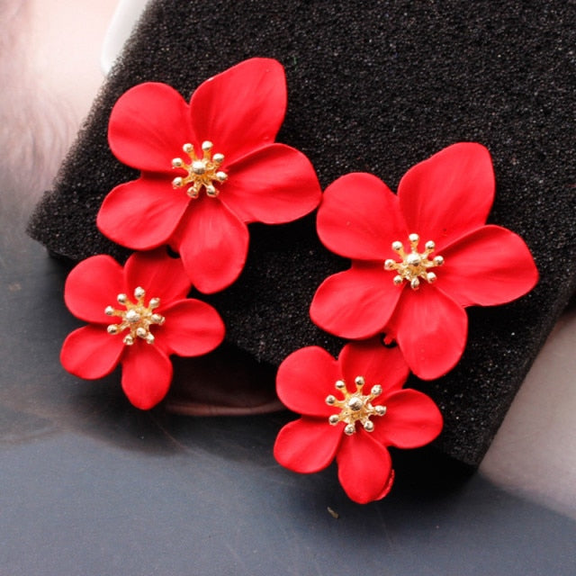 Korean Big Double Flower Drop Earrings