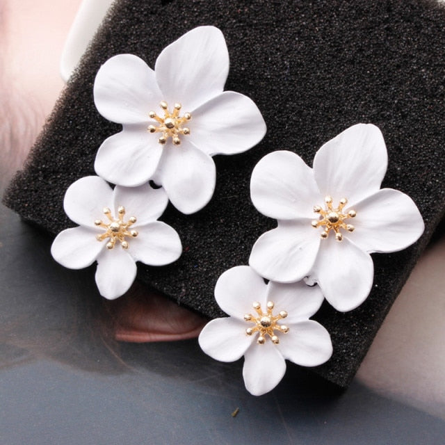 Korean Big Double Flower Drop Earrings