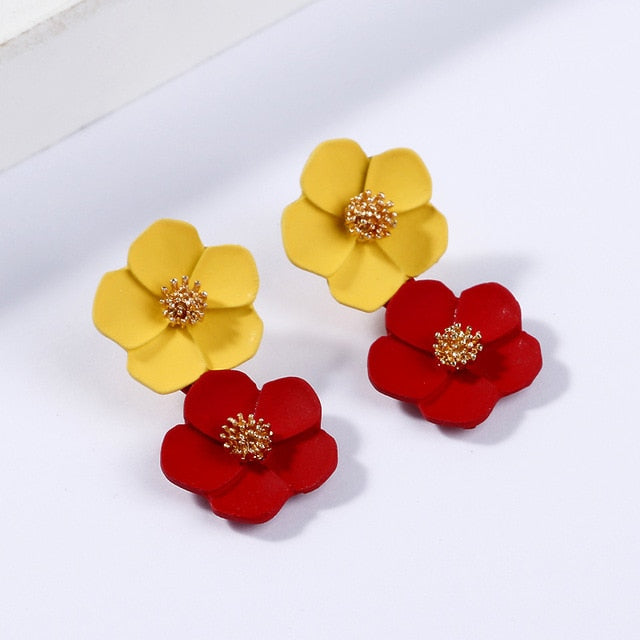 Korean Big Double Flower Drop Earrings