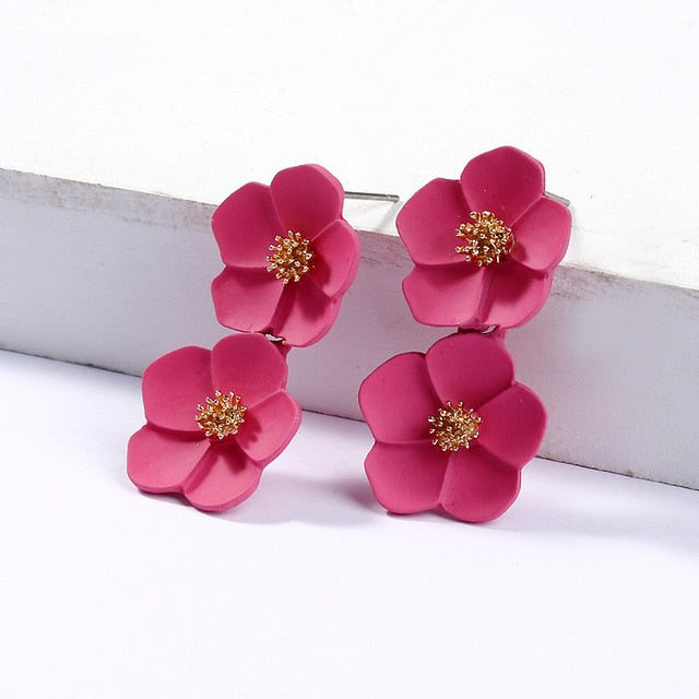 Korean Big Double Flower Drop Earrings