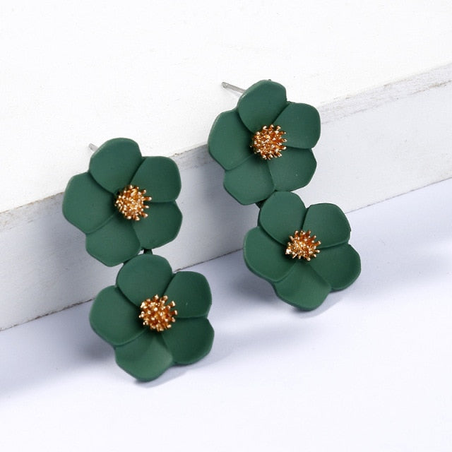 Korean Big Double Flower Drop Earrings