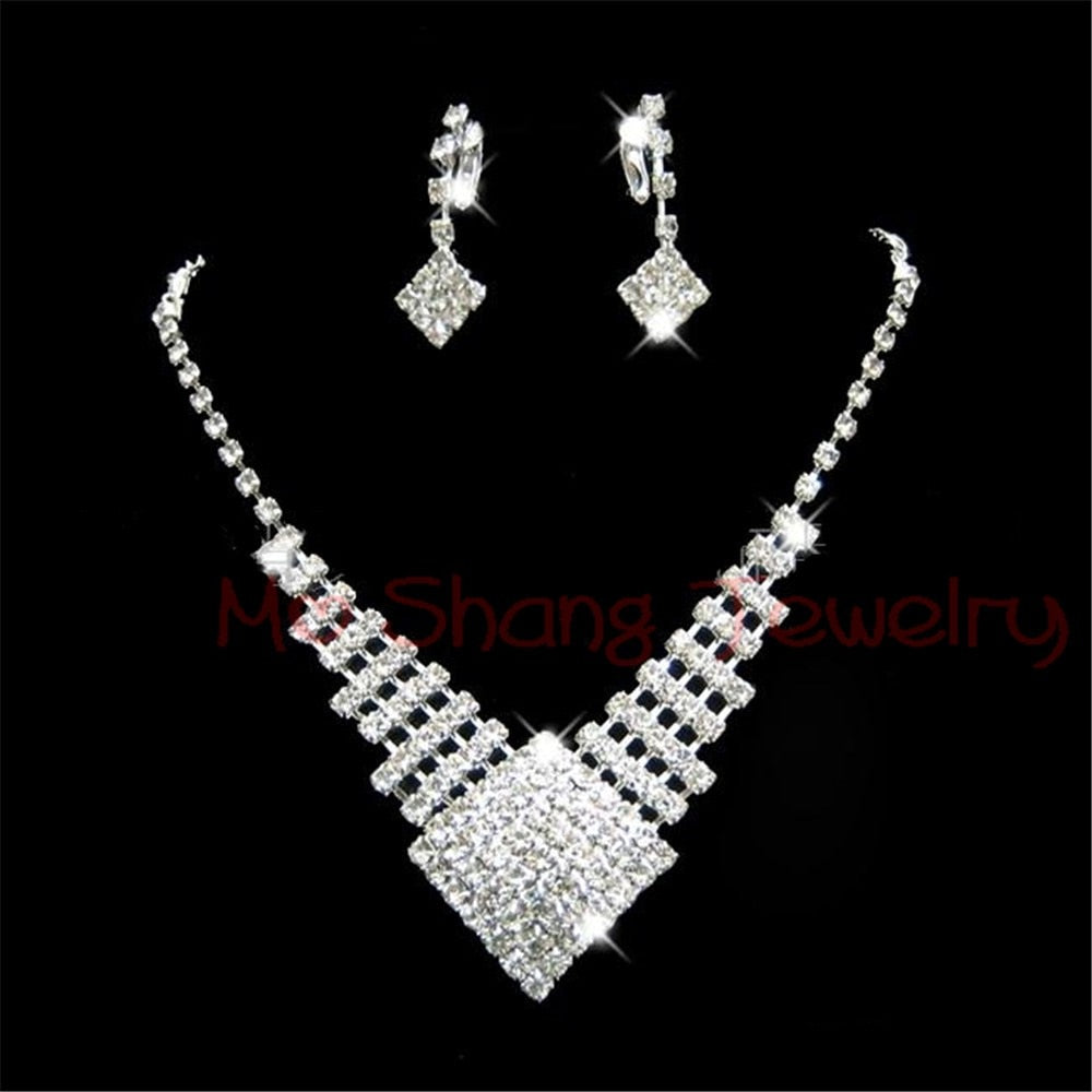 White Crystal Rhinestones Silver Plated  Jewelry Set