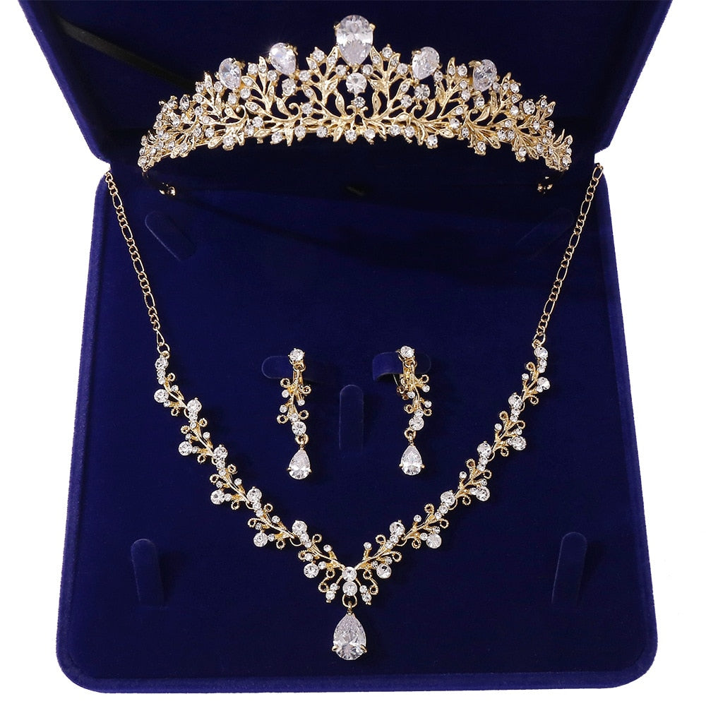 Rhinestone Crown Tiaras Necklace Earrings Set