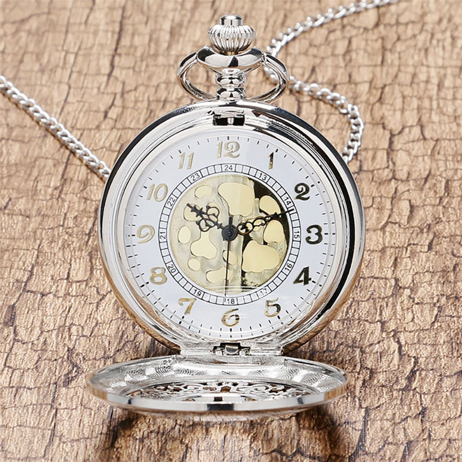 Hollow Silver Pendant Fob Pocket Watch With Necklace