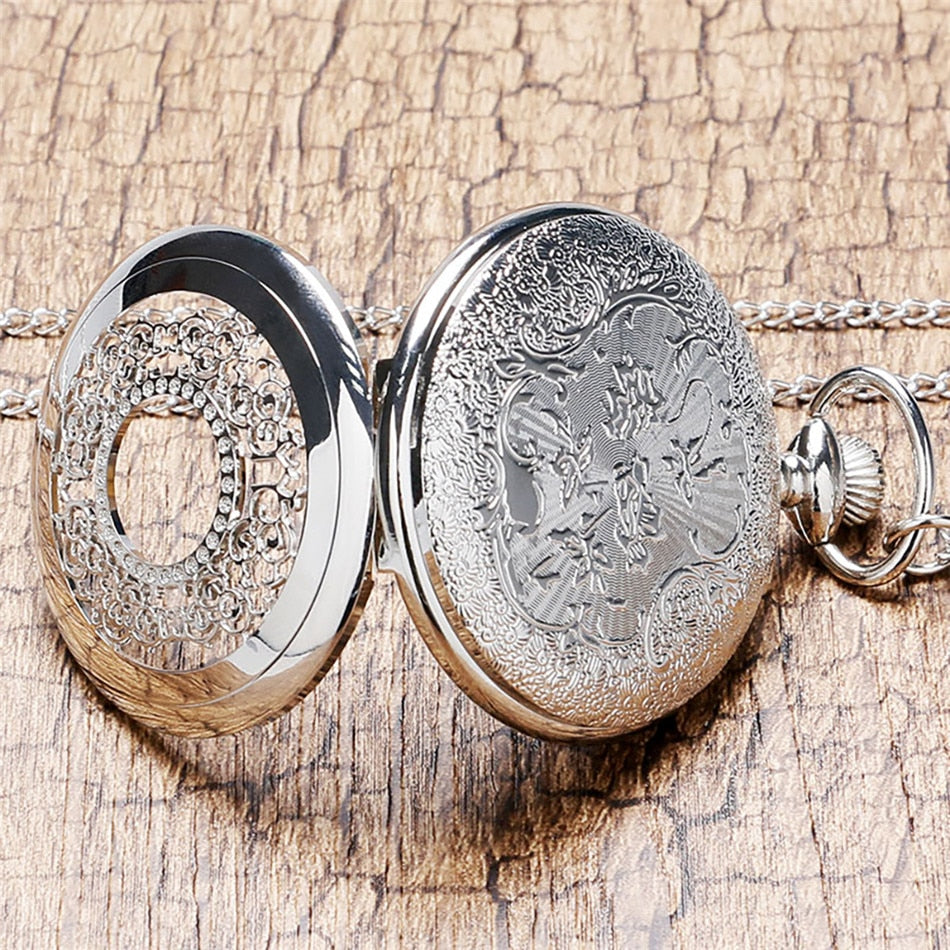 Hollow Silver Pendant Fob Pocket Watch With Necklace