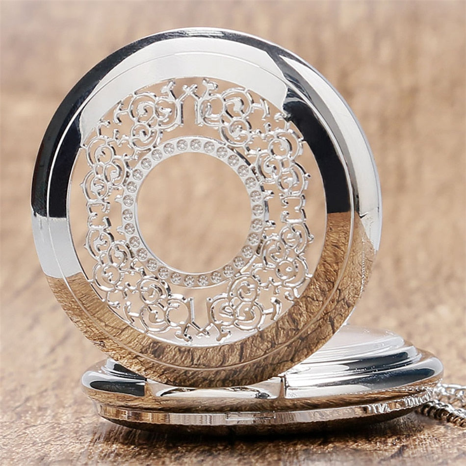 Hollow Silver Pendant Fob Pocket Watch With Necklace