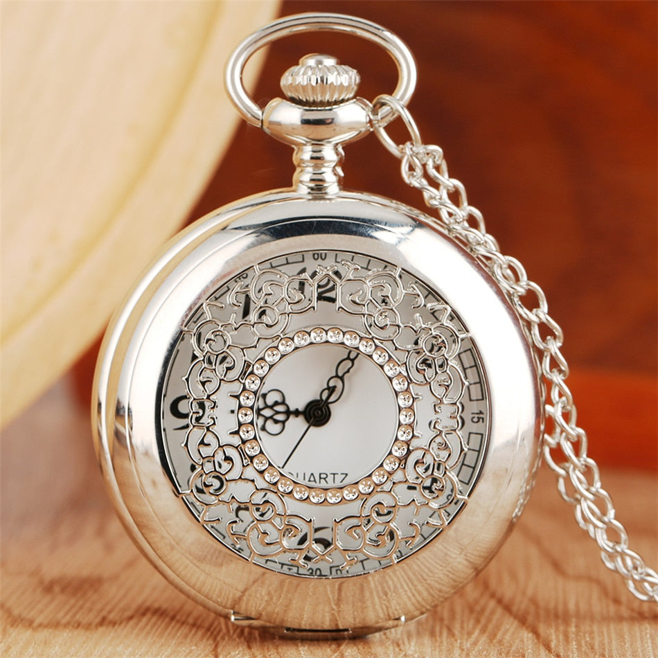 Hollow Silver Pendant Fob Pocket Watch With Necklace