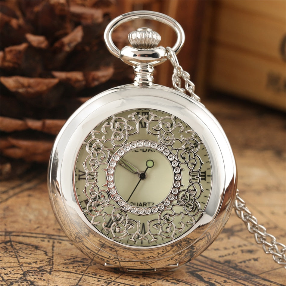 Hollow Silver Pendant Fob Pocket Watch With Necklace