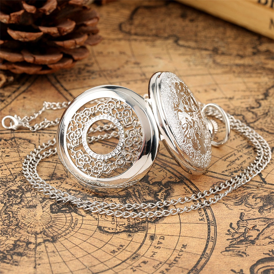 Hollow Silver Pendant Fob Pocket Watch With Necklace