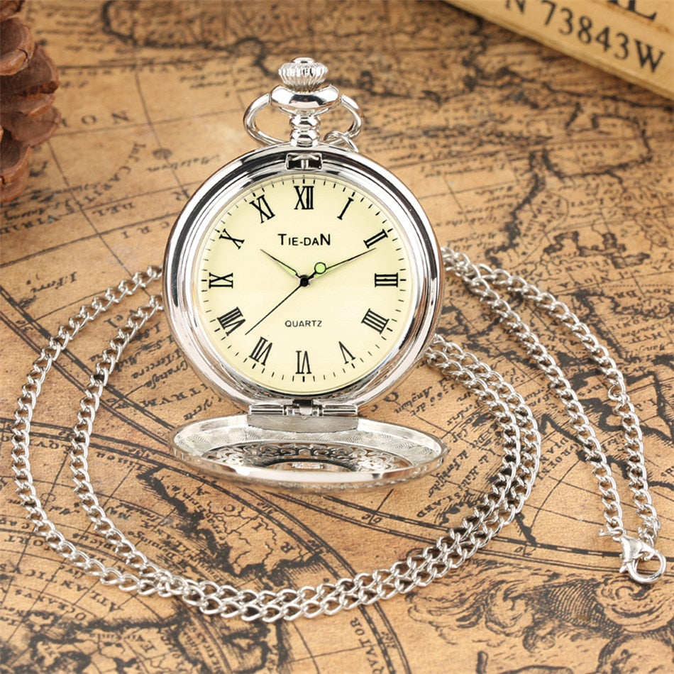 Hollow Silver Pendant Fob Pocket Watch With Necklace