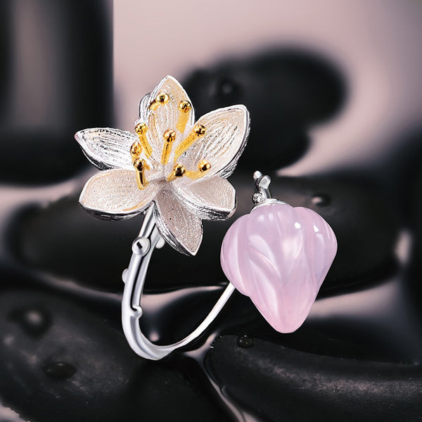 925 Sterling Silver Natural Rose Quartz Handmade Fine Jewelry Flower Ring