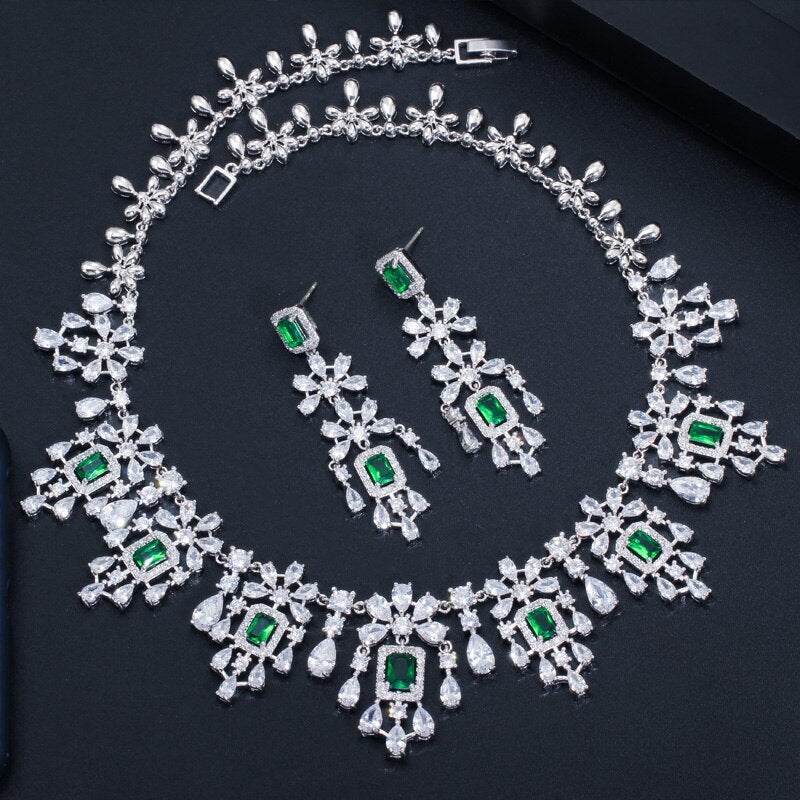 Luxury Green Cubic Zirconia  Wedding Party Bride Necklace Earrings Jewelry Sets