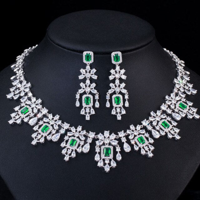 Luxury Green Cubic Zirconia  Wedding Party Bride Necklace Earrings Jewelry Sets