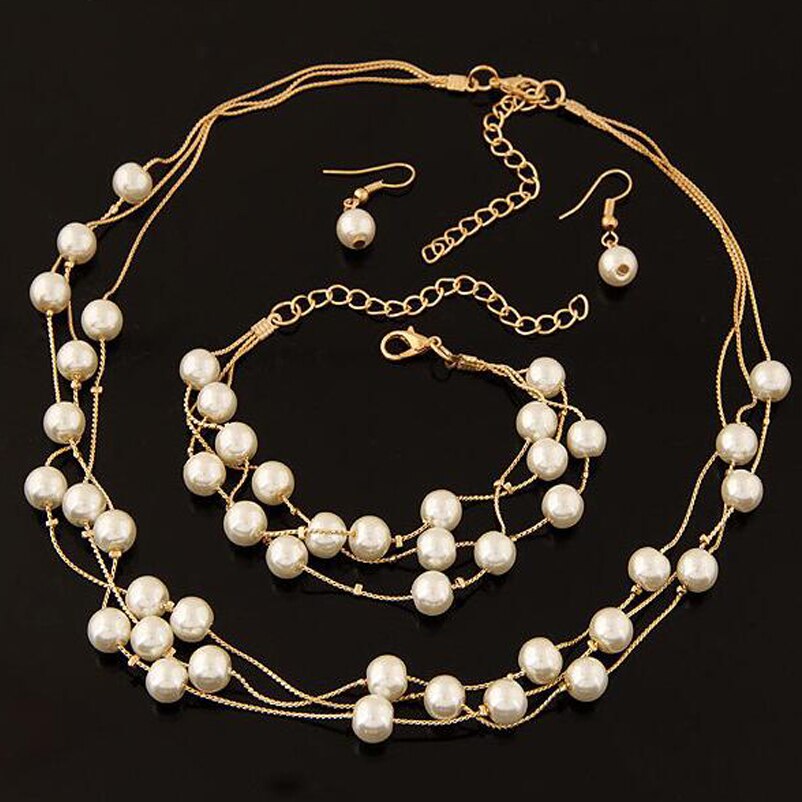 Simulated Pearl Double Layer Women Earrings Necklace Bracelet Sets