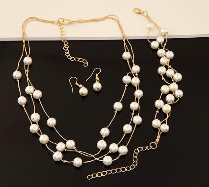 Simulated Pearl Double Layer Women Earrings Necklace Bracelet Sets