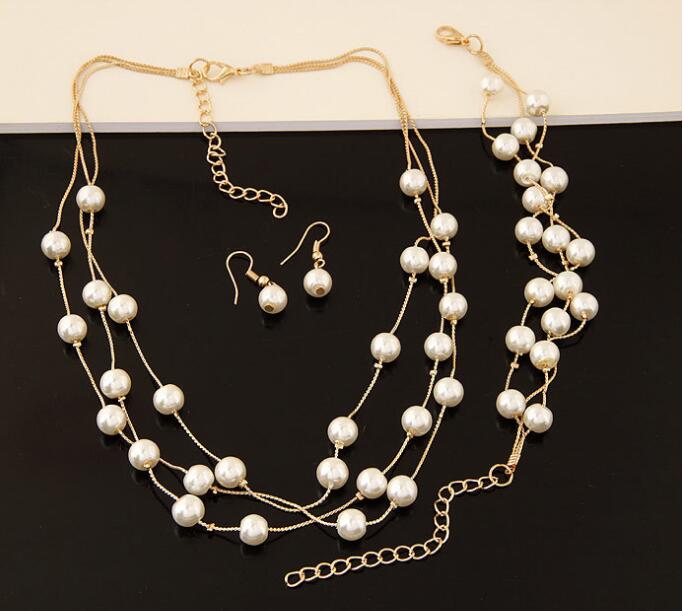 Simulated Pearl Double Layer Women Earrings Necklace Bracelet Sets