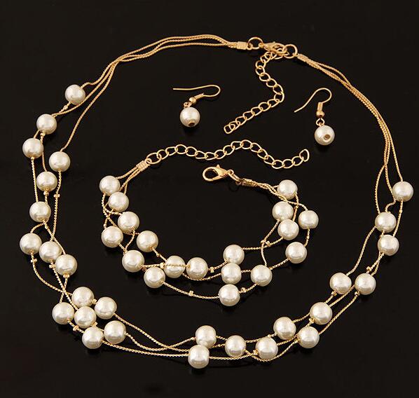 Simulated Pearl Double Layer Women Earrings Necklace Bracelet Sets