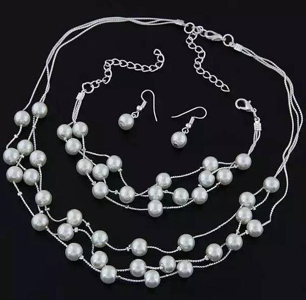 Simulated Pearl Double Layer Women Earrings Necklace Bracelet Sets