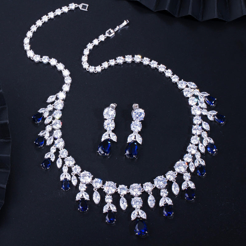 Zircons Luxury Dark Blue Women Wedding Party  Jewelry Sets