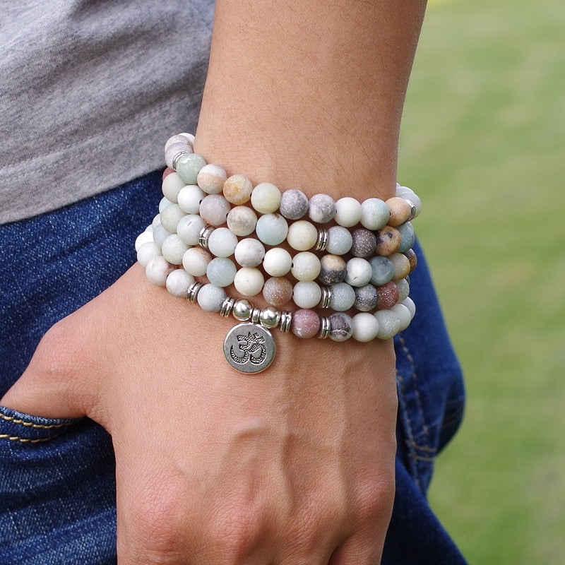 8mm Matte Amazonite Stone Beads OM Charm Strand Bracelet