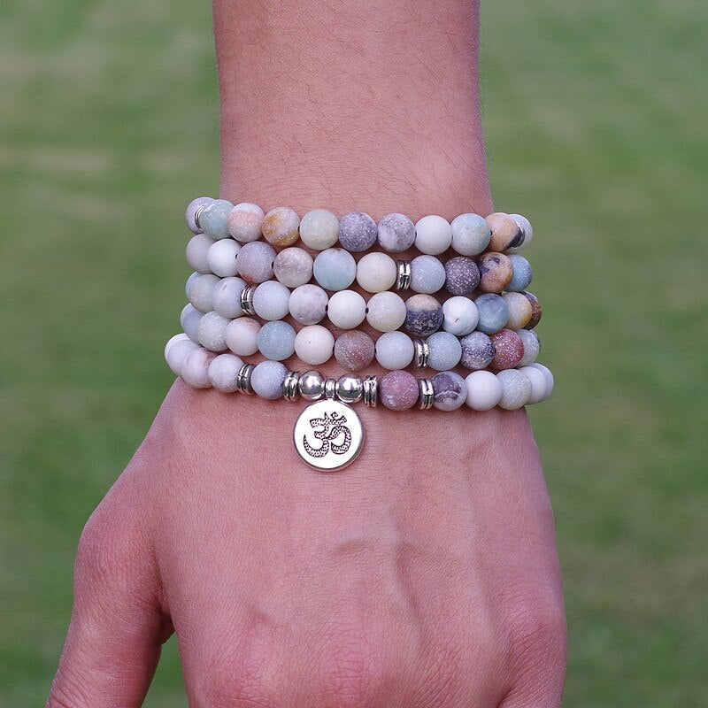 8mm Matte Amazonite Stone Beads OM Charm Strand Bracelet