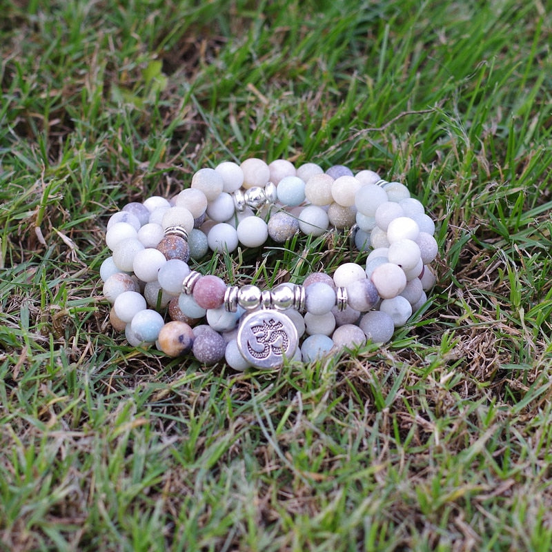 8mm Matte Amazonite Stone Beads OM Charm Strand Bracelet
