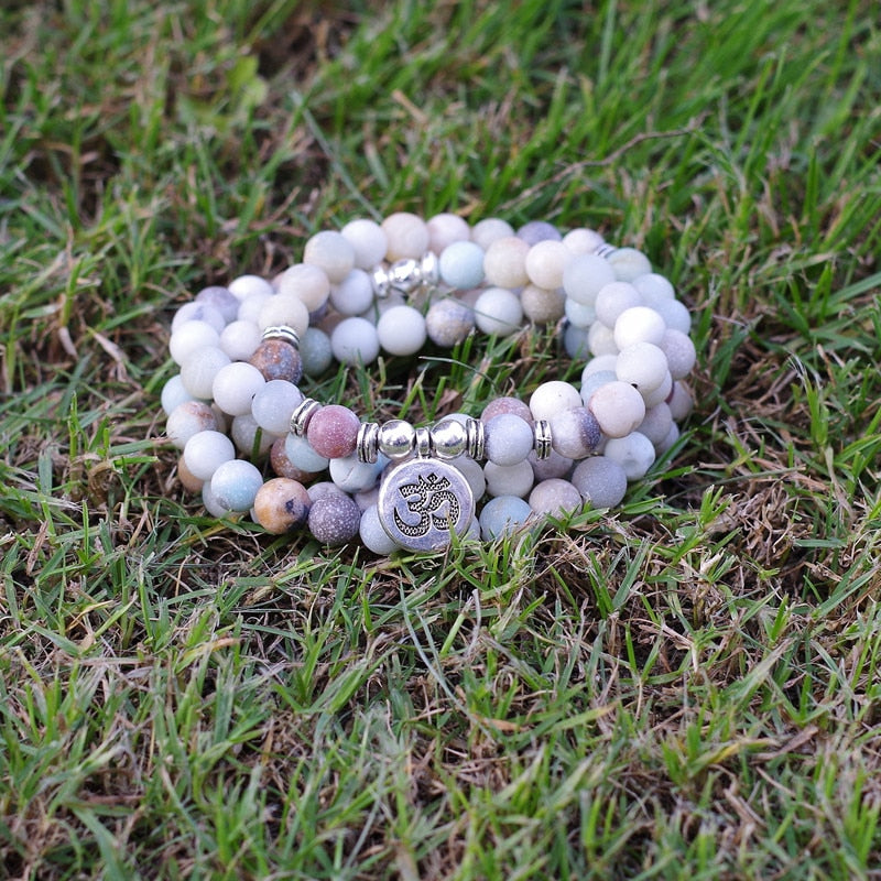 8mm Matte Amazonite Stone Beads OM Charm Strand Bracelet