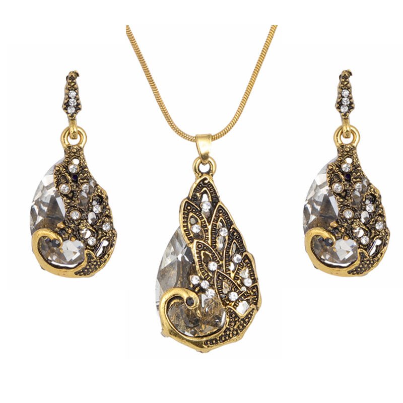 Vintage Waterdrop Rhinestone Pendant Necklace Earrings Crystal Jewelry Set