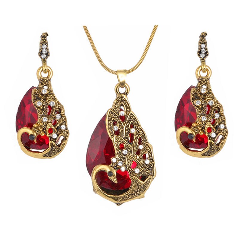 Vintage Waterdrop Rhinestone Pendant Necklace Earrings Crystal Jewelry Set