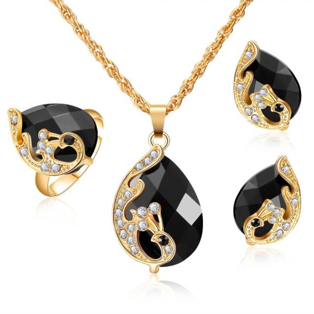 Vintage Waterdrop Rhinestone Pendant Necklace Earrings Crystal Jewelry Set