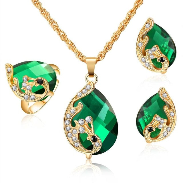 Vintage Waterdrop Rhinestone Pendant Necklace Earrings Crystal Jewelry Set